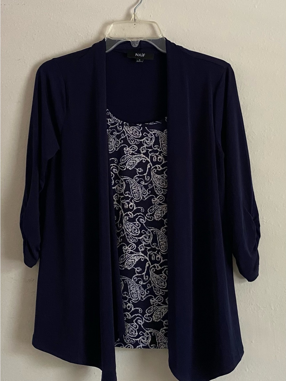 NAIF Navy Open-Front Cardigan with Paisley Tank